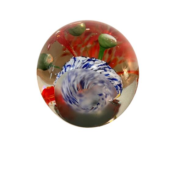 Hand Blown Art Glass Paperweight Red Flower Burst Swirl 2 lb Controlled Bubble - Picture 6 of 8